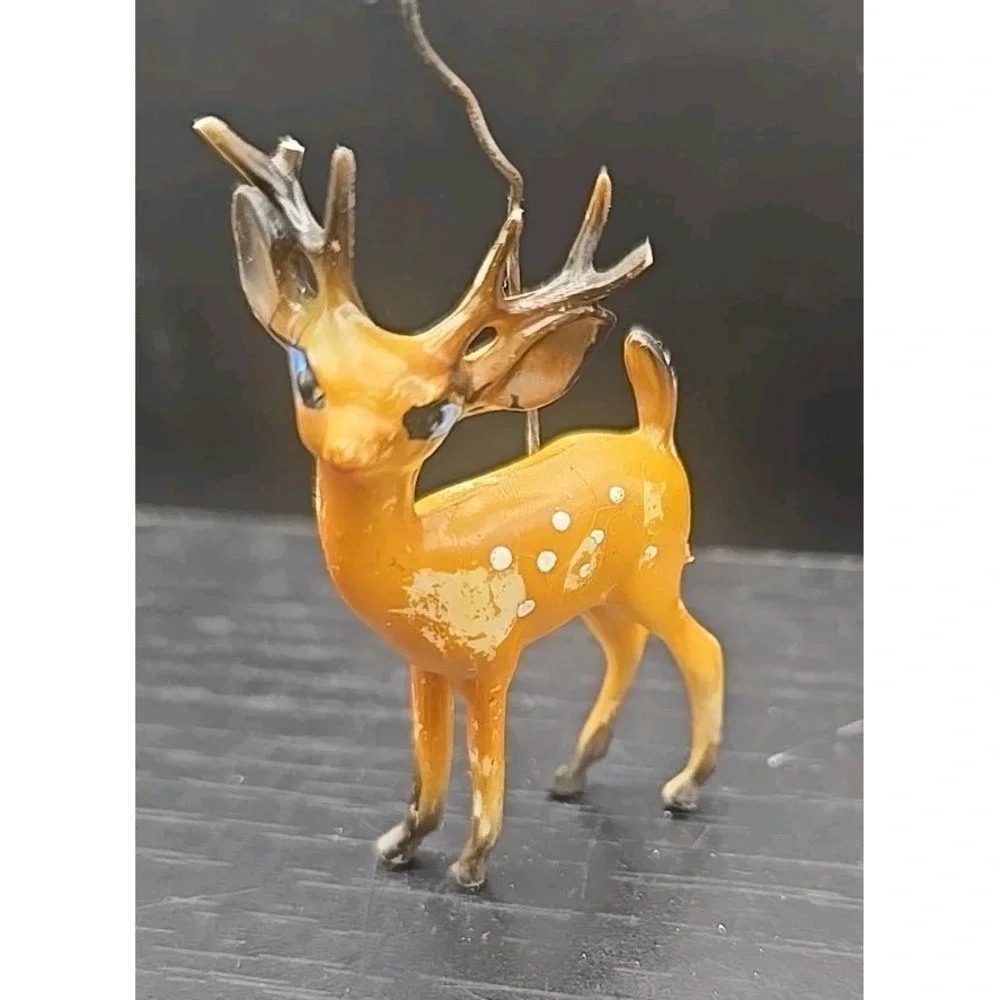 Vintage Deer Spotted Hard Plastic Figurine Miniature Blue Eyes Hong‎ Kong Xmas